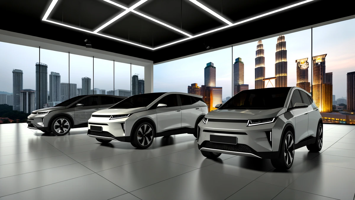 Three electric SUVs comparison: Proton eMAS 7, BYD Atto 3 Ultra, MG S5 EV on showroom floor