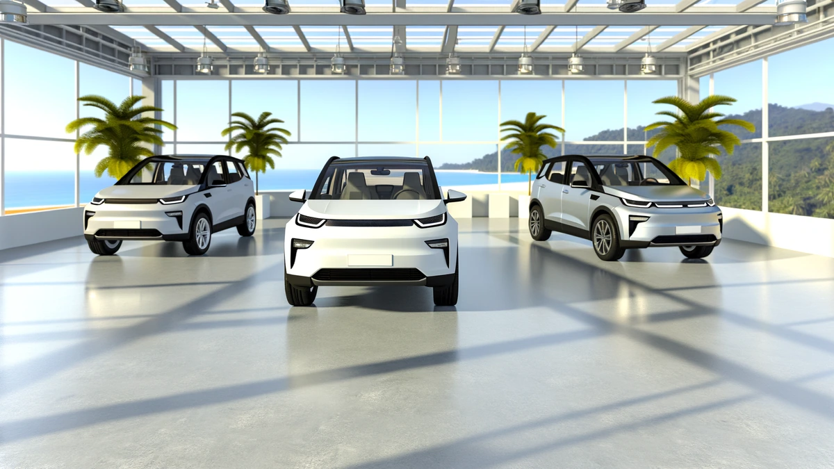 Three electric SUVs compared side-by-side in modern showroom setting