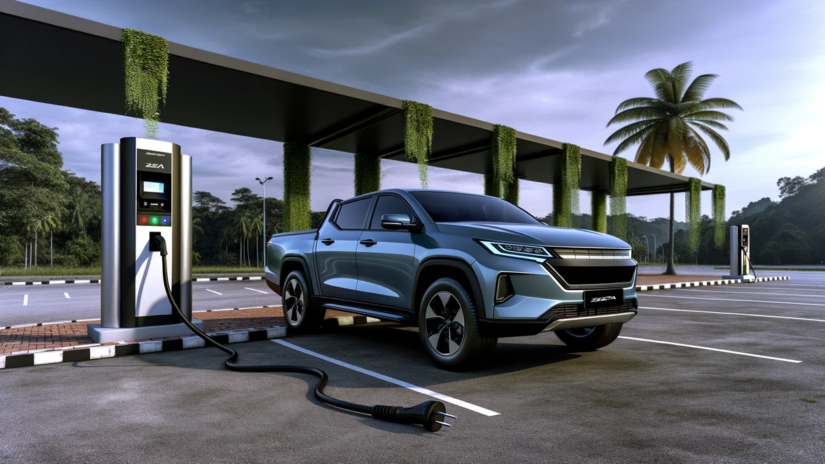 Electric pickup truck charging at fast-charging station in Malaysia