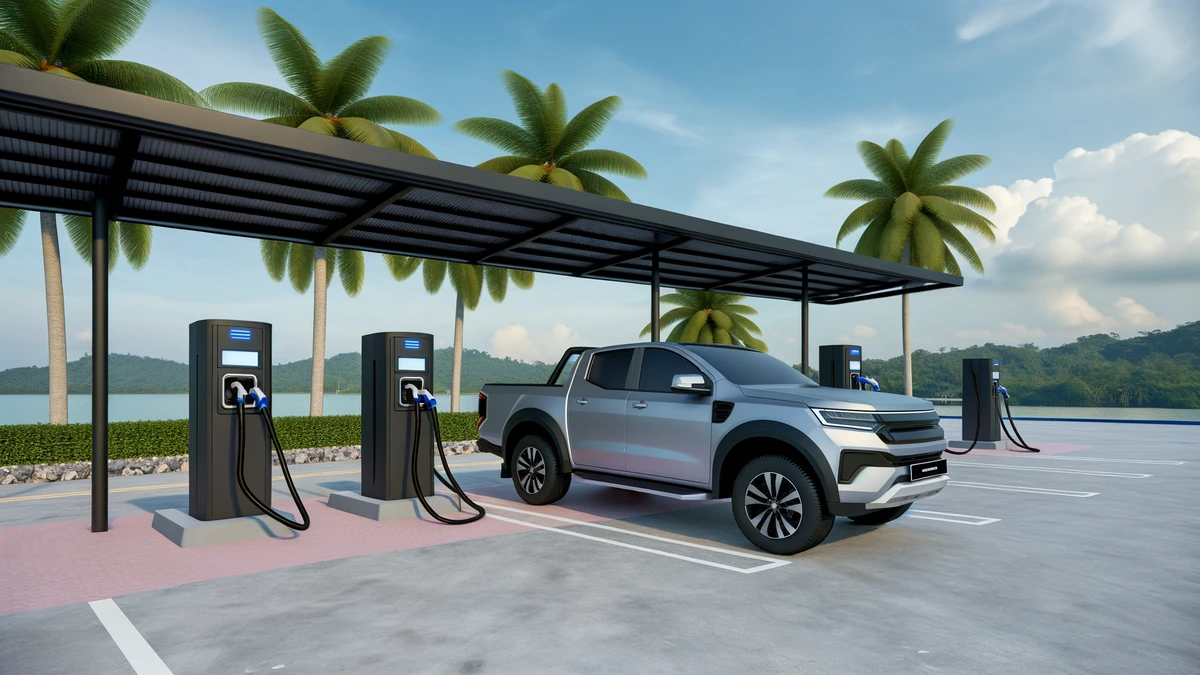 Electric pickup truck at Malaysia charging station, fleet ready