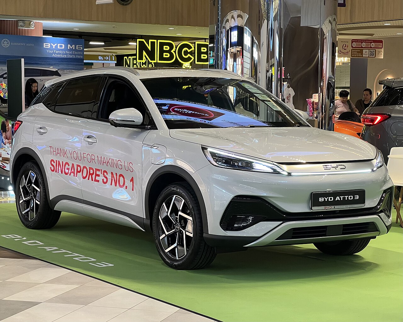 BYD Atto 3 showcar Singapore 2024 front three-quarter view no number plate