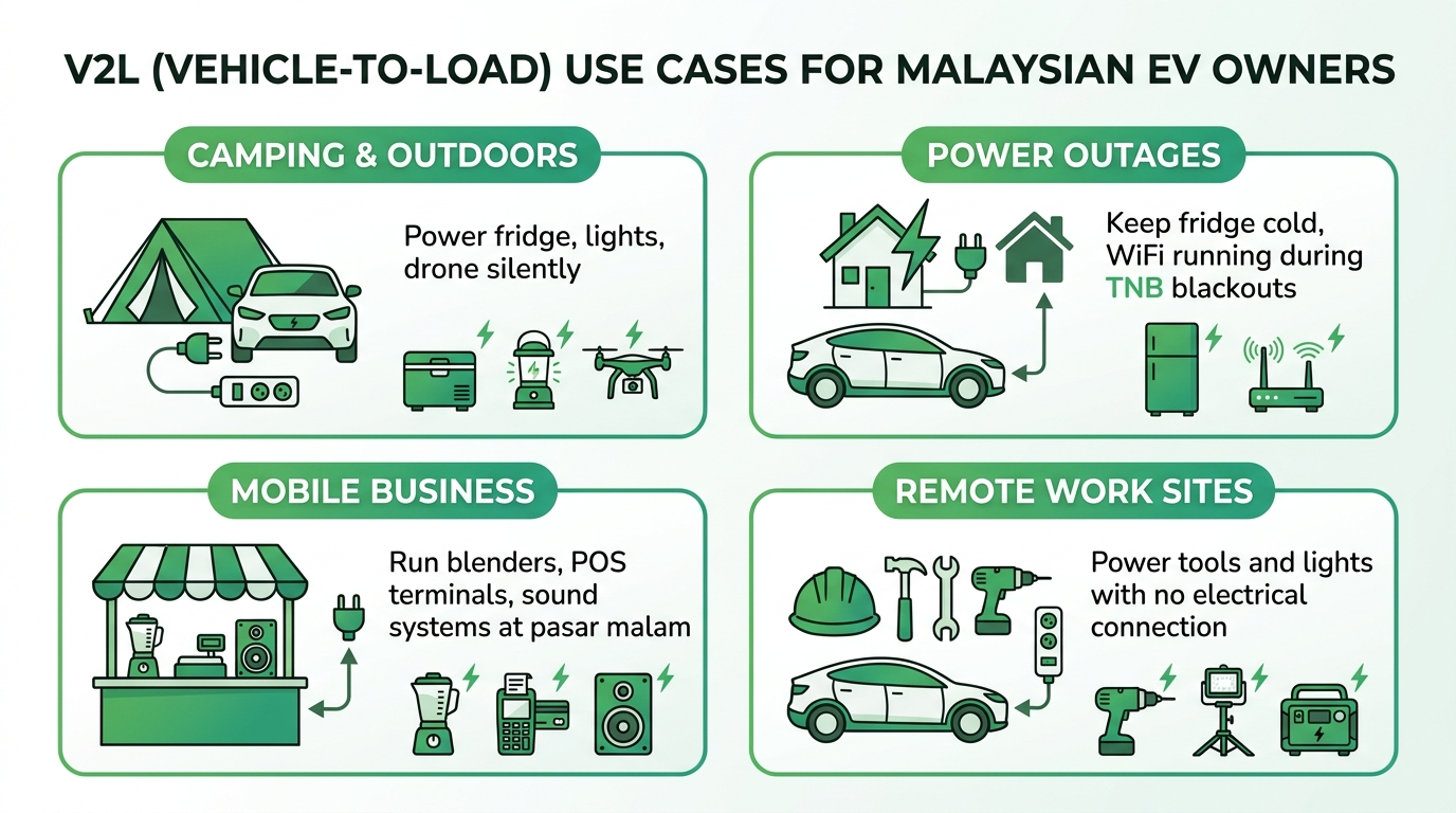 EV V2L use cases Malaysia infographic camping power outage mobile business construction