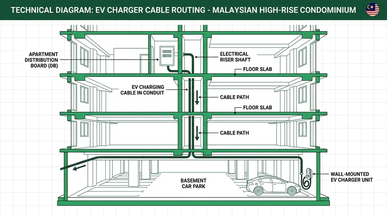 Diagram showing EV charger cable routing from apartment unit to basement parking in Malaysian condo
