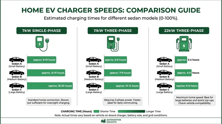 Infographic comparing 7kW, 11kW, and 22kW home EV charger speeds and charging times Malaysia 2026